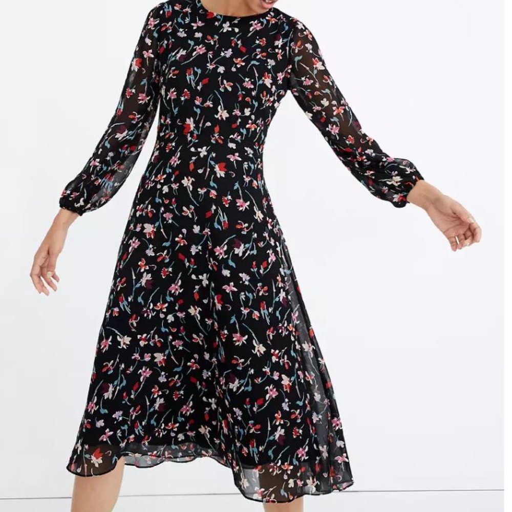 Madewell Black Sheer-Sleeve Midi Dress Size 12